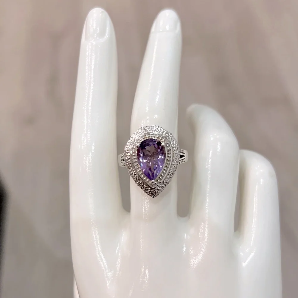 Rose de France Amethyst Pear Shaped Sterling Silver Ring Sz 8